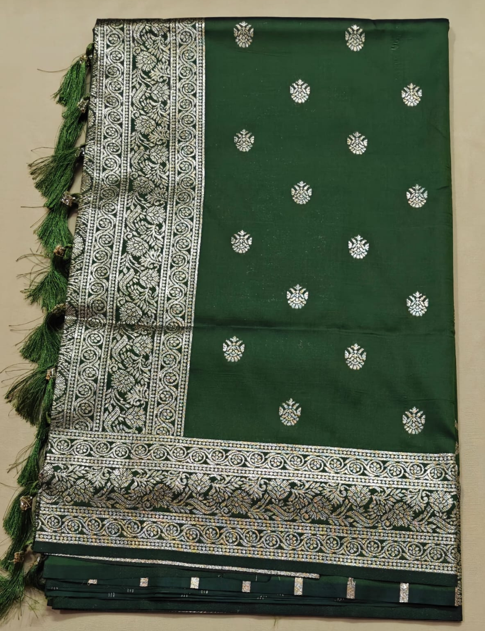 Dark Green and Golden Zari Elephant Motif Sari
