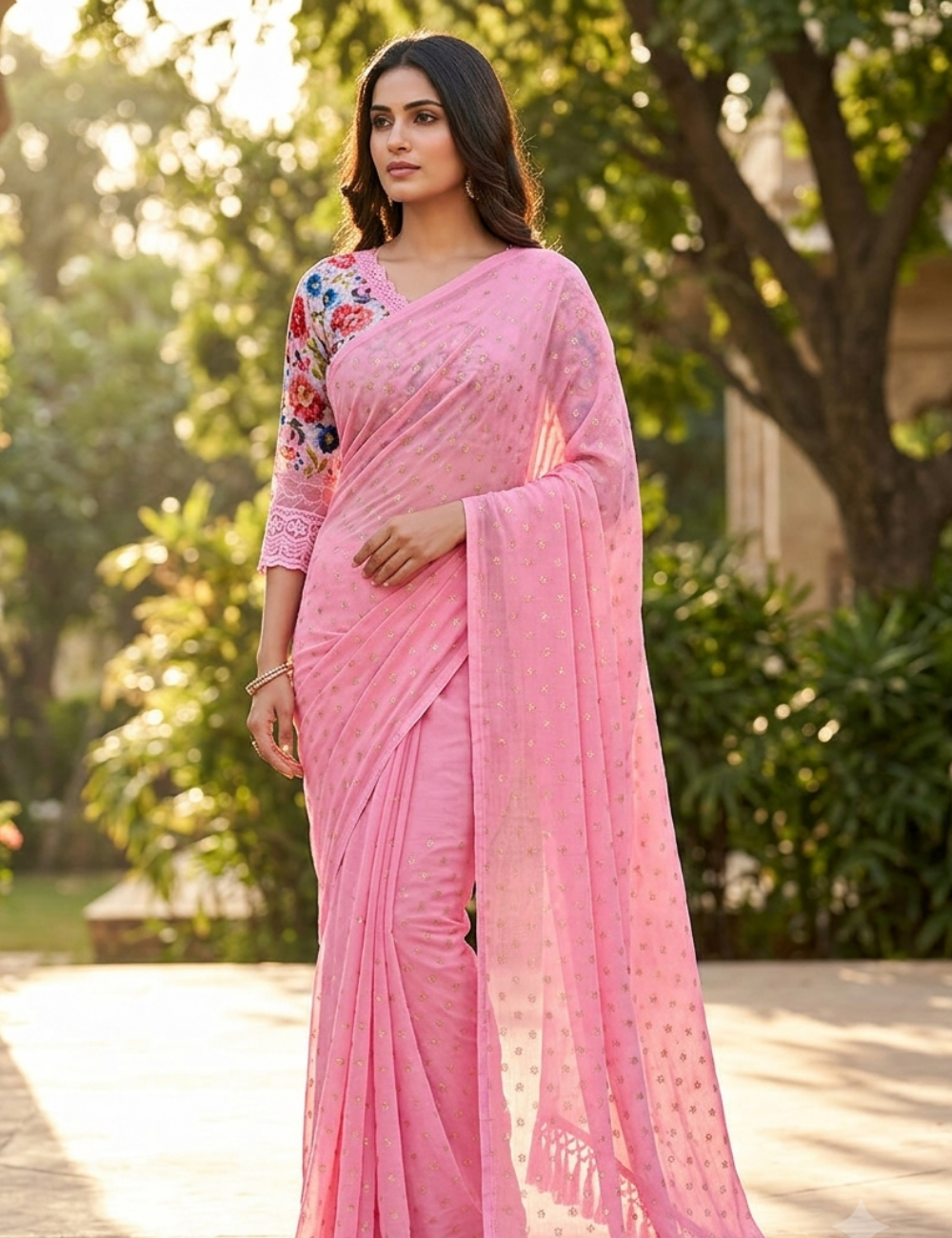 Charming Pink Saree with Floral Designer Blouse