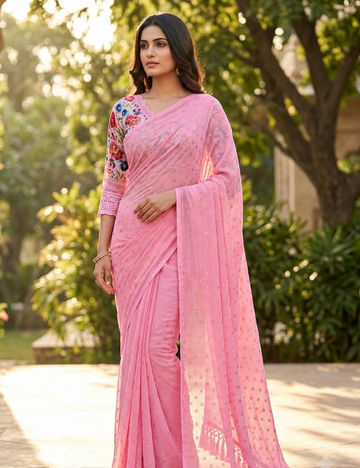 Charming Pink Saree with Floral Designer Blouse