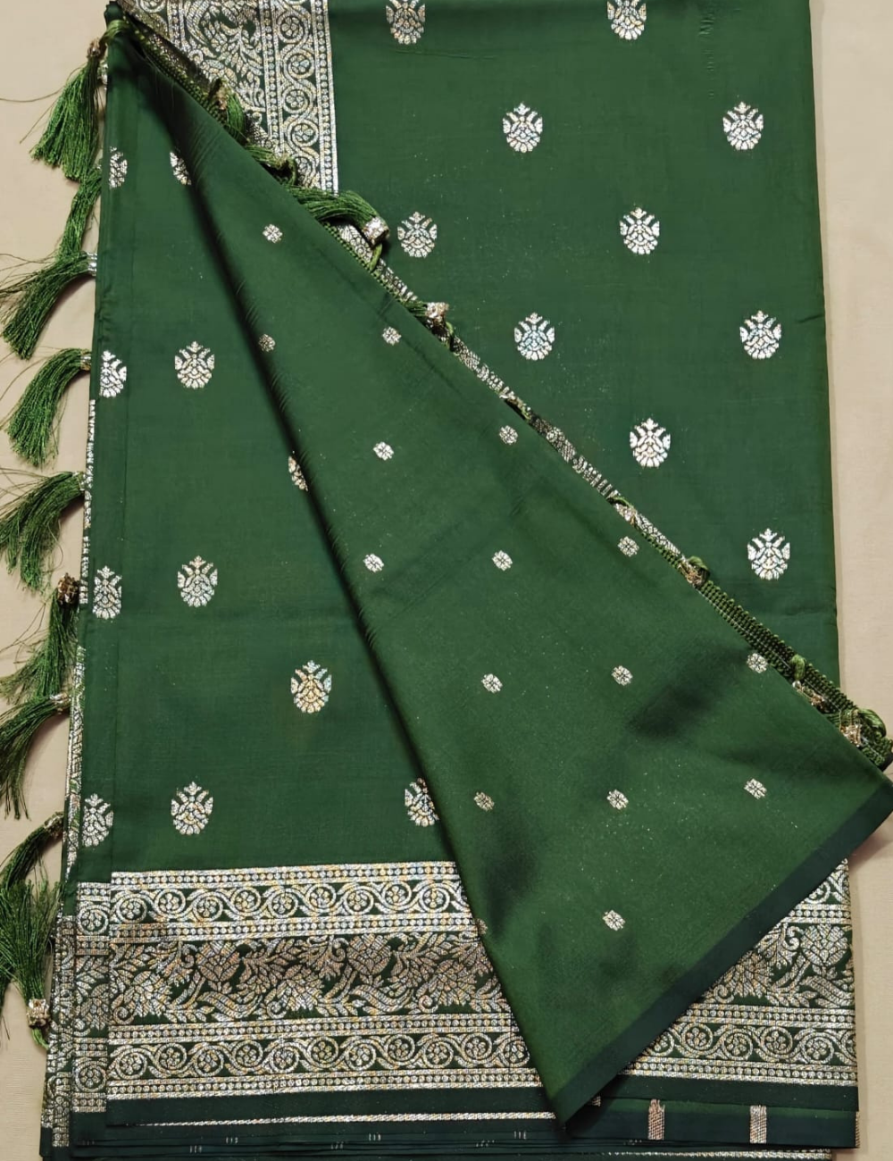 Dark Green and Golden Zari Elephant Motif Sari