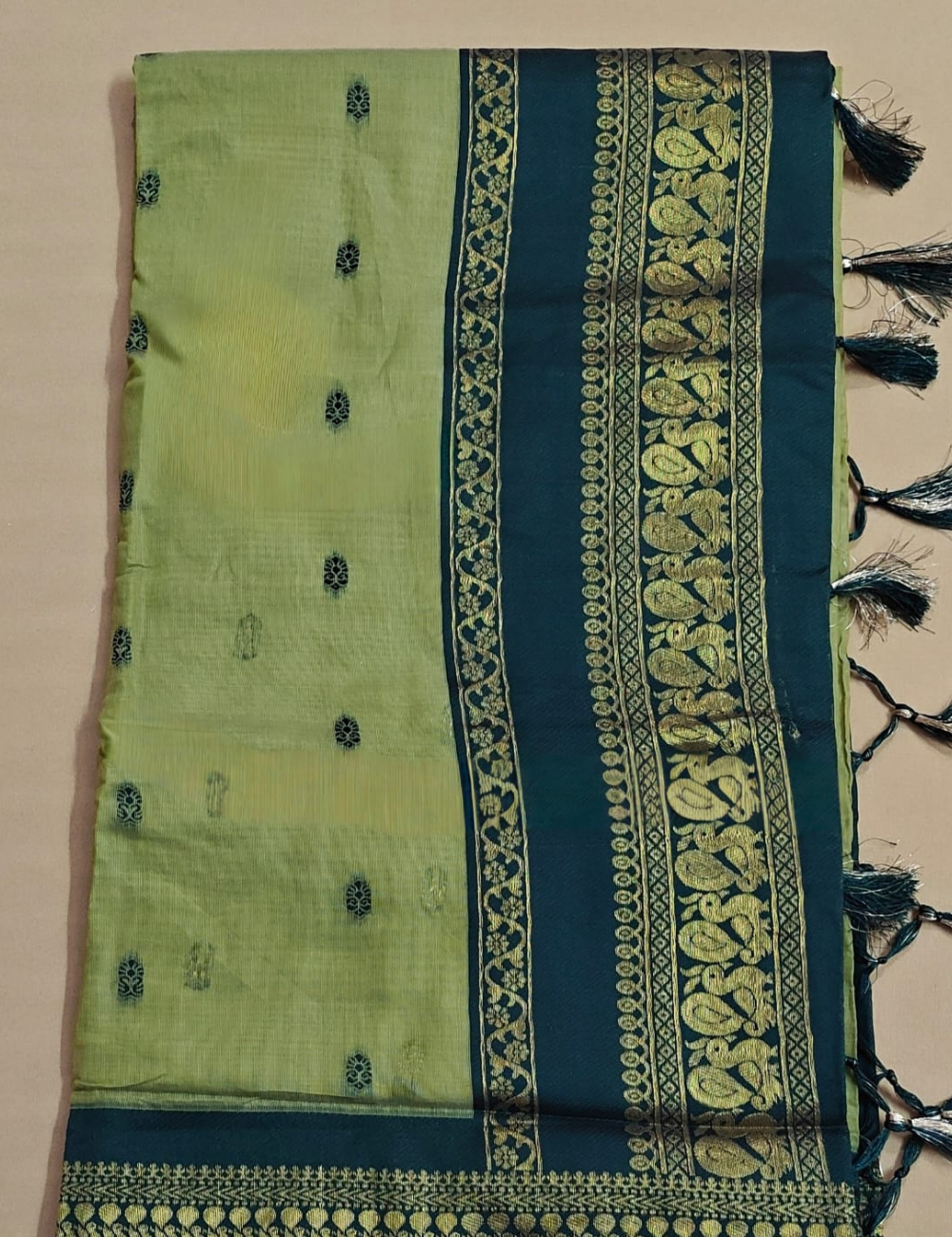 Olive Green & Deep Teal Cotton Saree with Zari Butis and Traditional Paisley Pallu