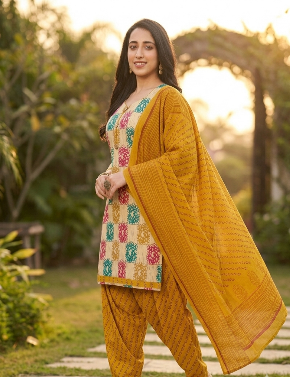 Vibrant Mustard Geometric Patiala Kurta Suit