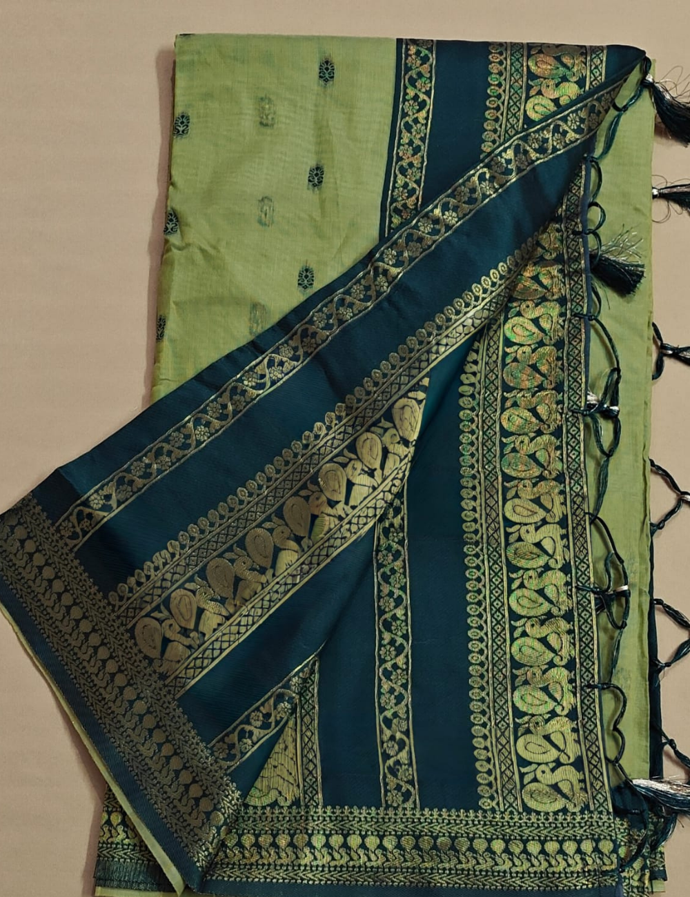 Olive Green & Deep Teal Cotton Saree with Zari Butis and Traditional Paisley Pallu
