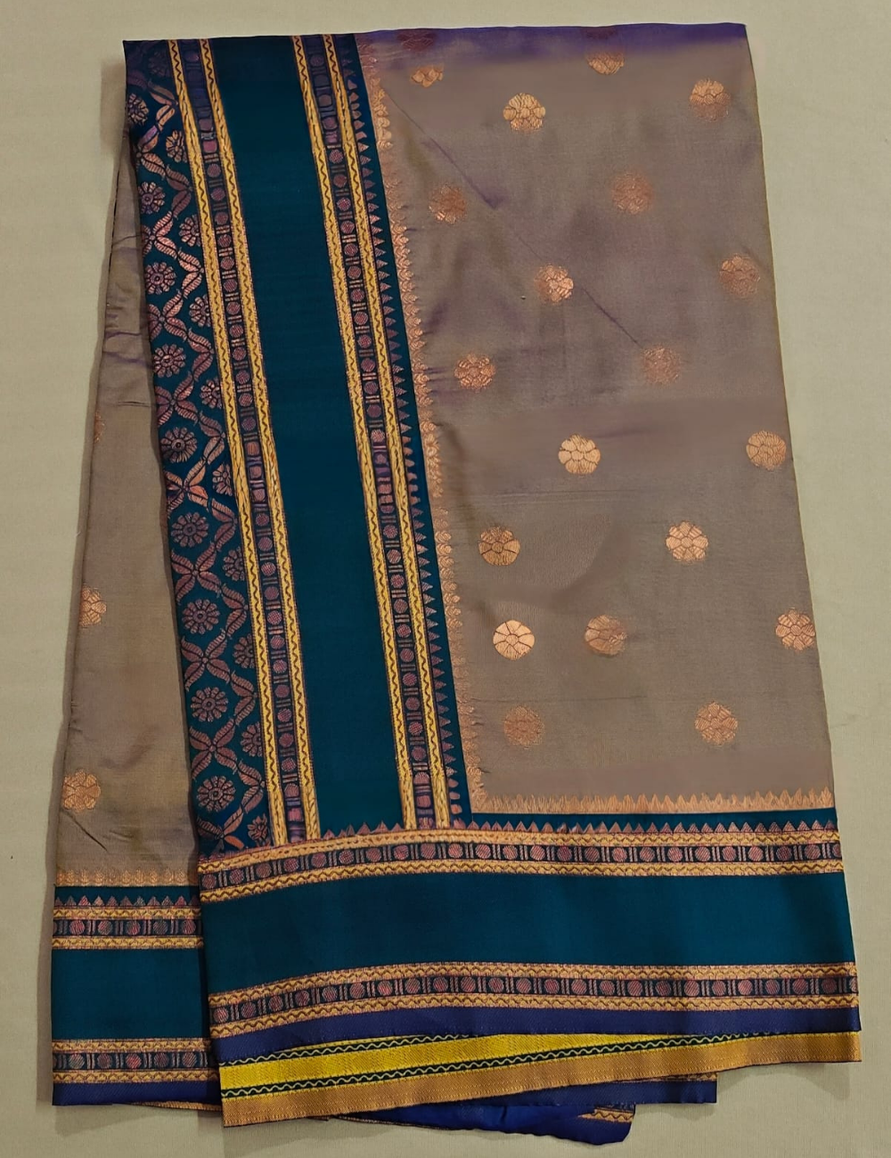 Taupe & Deep Teal Kanjeevaram Silk Saree with Copper Zari Butis & Temple Border
