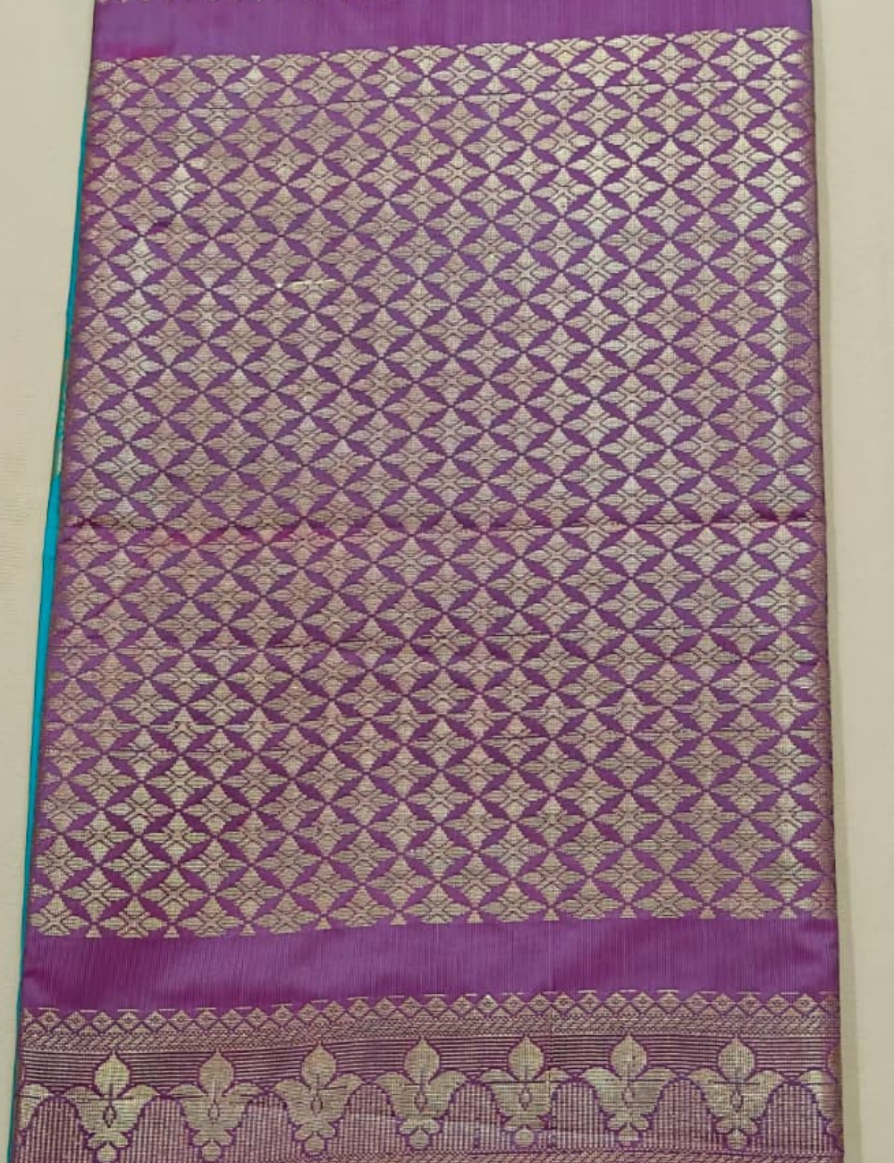 Turquoise Blue Sari with Purple Contrast Floral Pallu