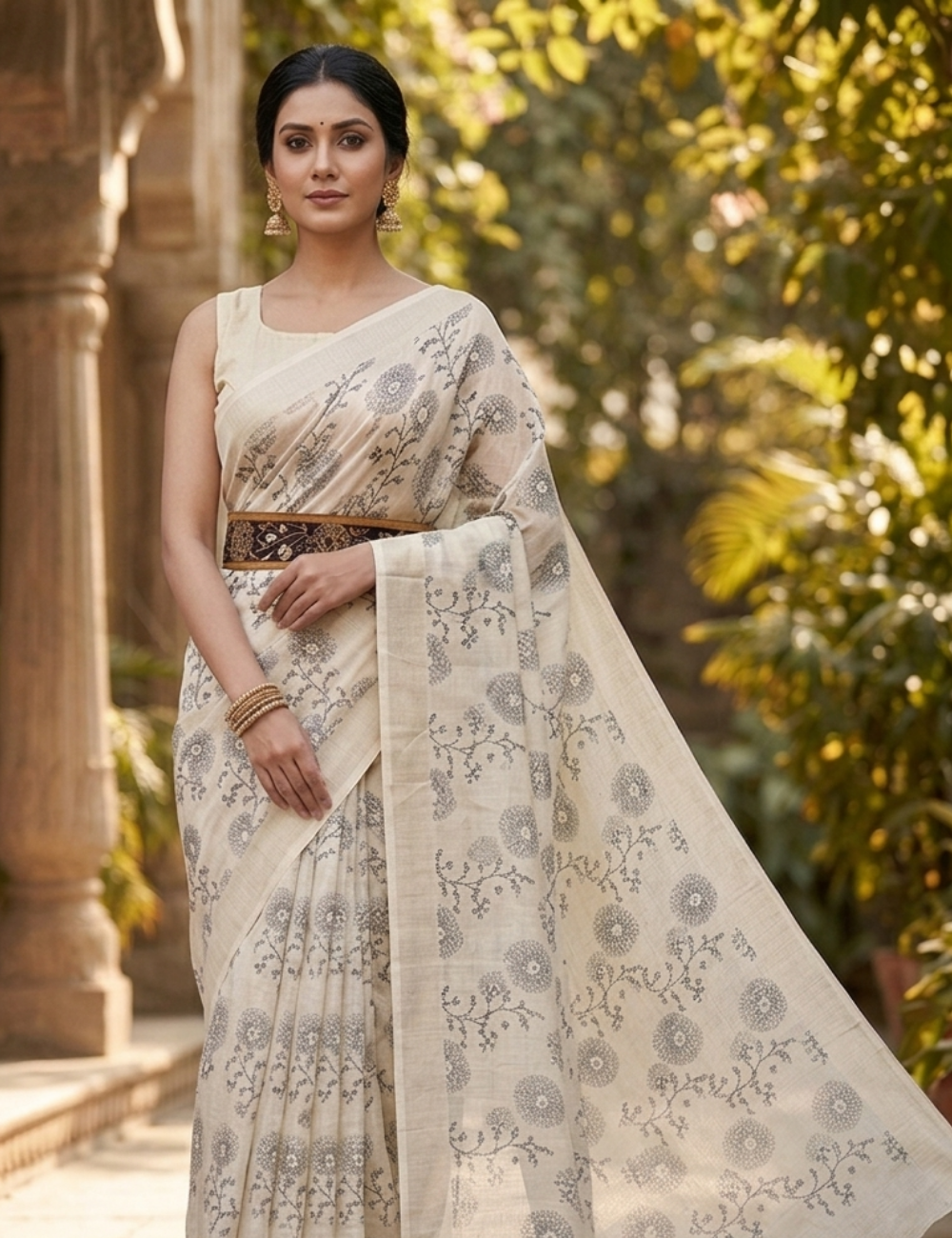 Cream Saree with Mustard Embroidered Blouse