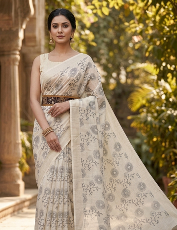 Cream Saree with Mustard Embroidered Blouse