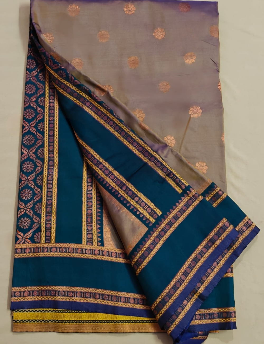 Taupe & Deep Teal Kanjeevaram Silk Saree with Copper Zari Butis & Temple Border