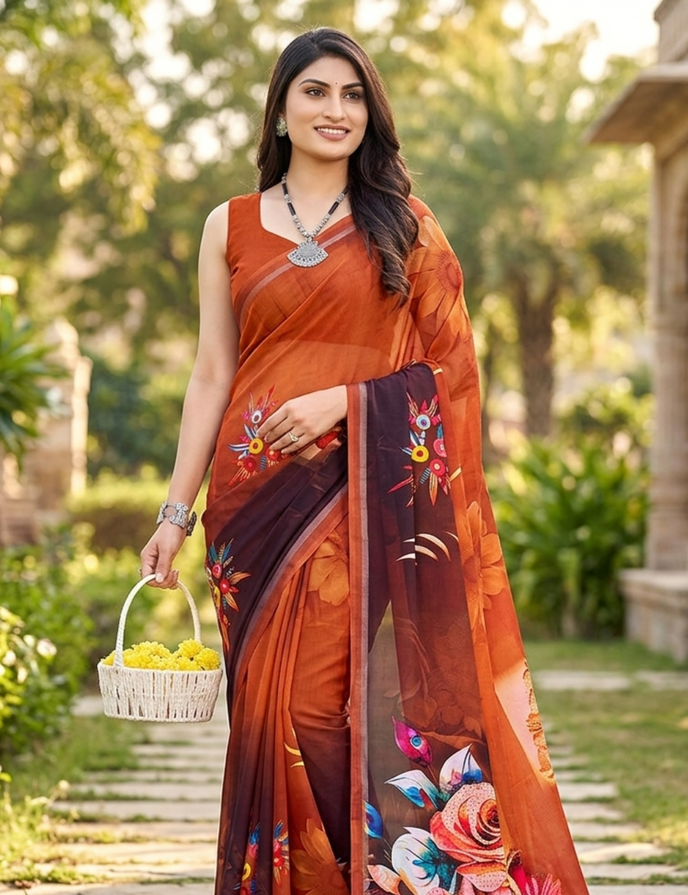 Brown Saree with Vibrant Floral Prints