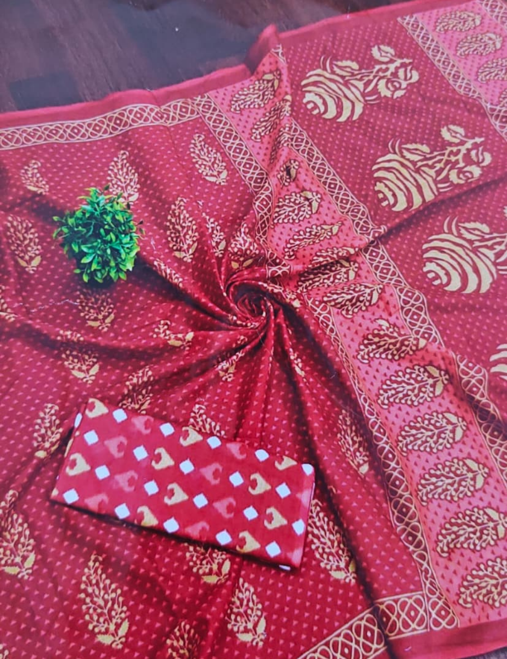 Elegant Crimson Red Block-Print Cotton Saree