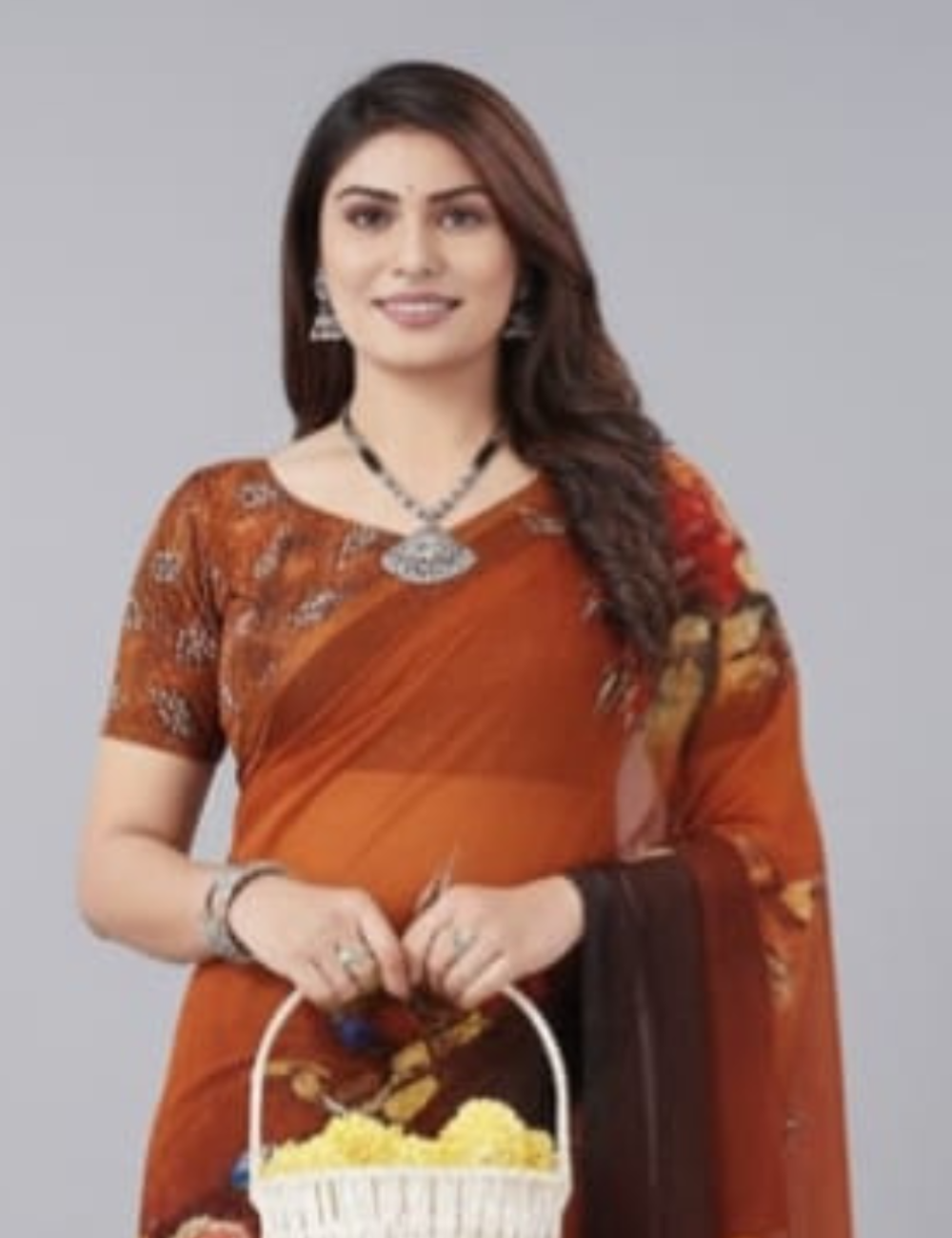 Brown Saree with Vibrant Floral Prints