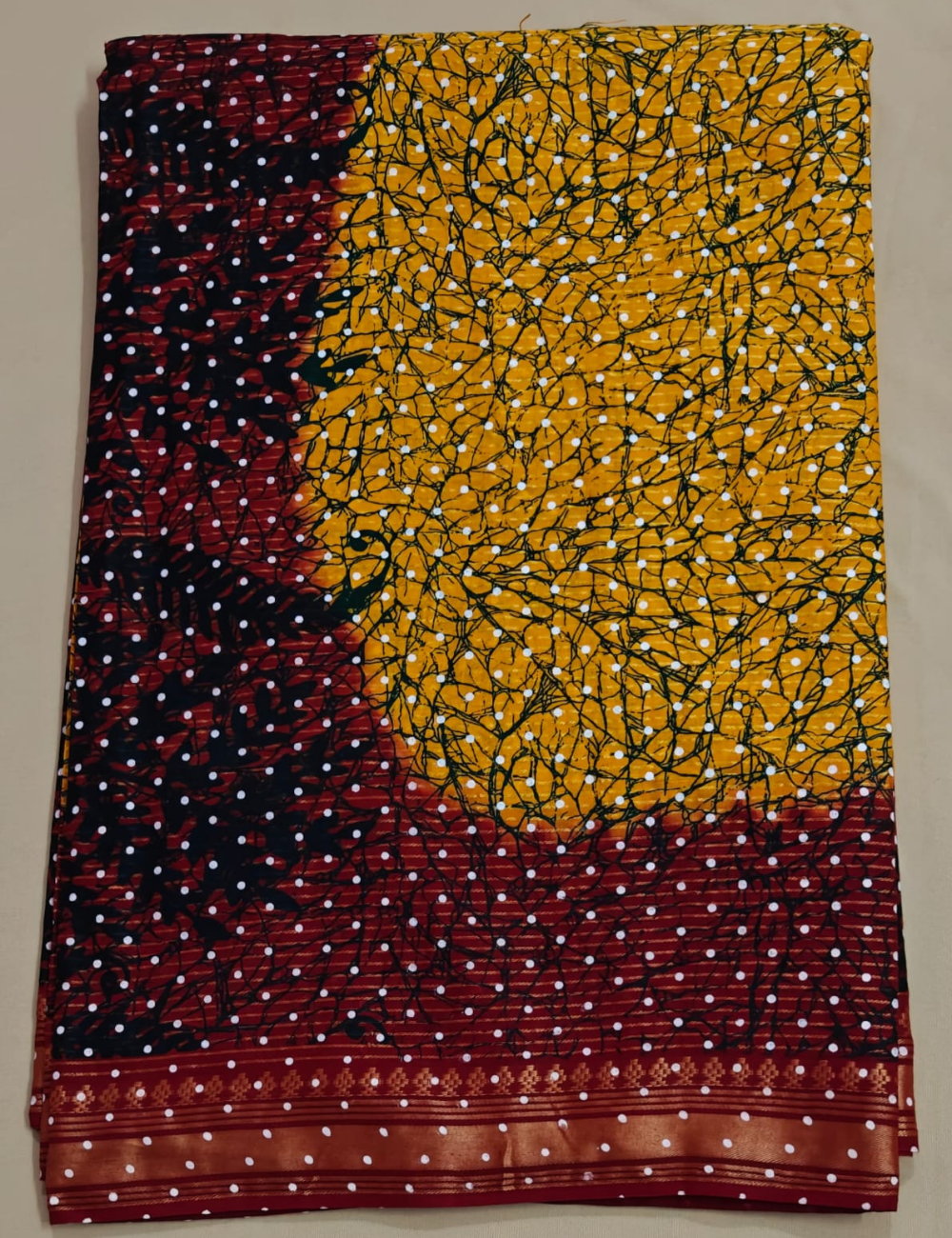 Yellow and Maroon Crackle Print Cotton Sari