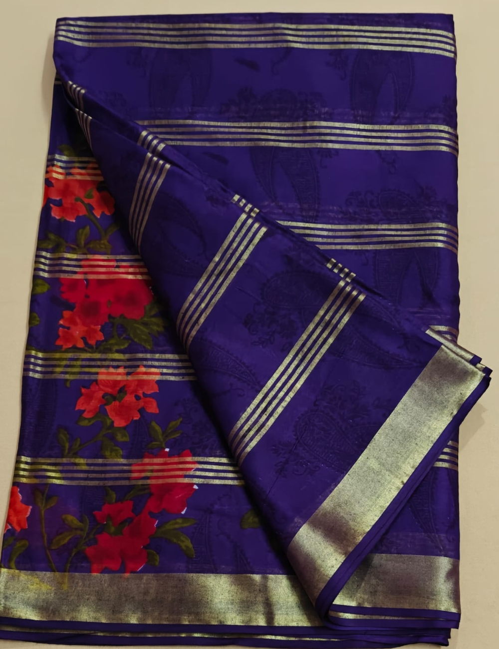 Royal Purple Cotton Sari with Vibrant Floral Prints and Metallic Stripes