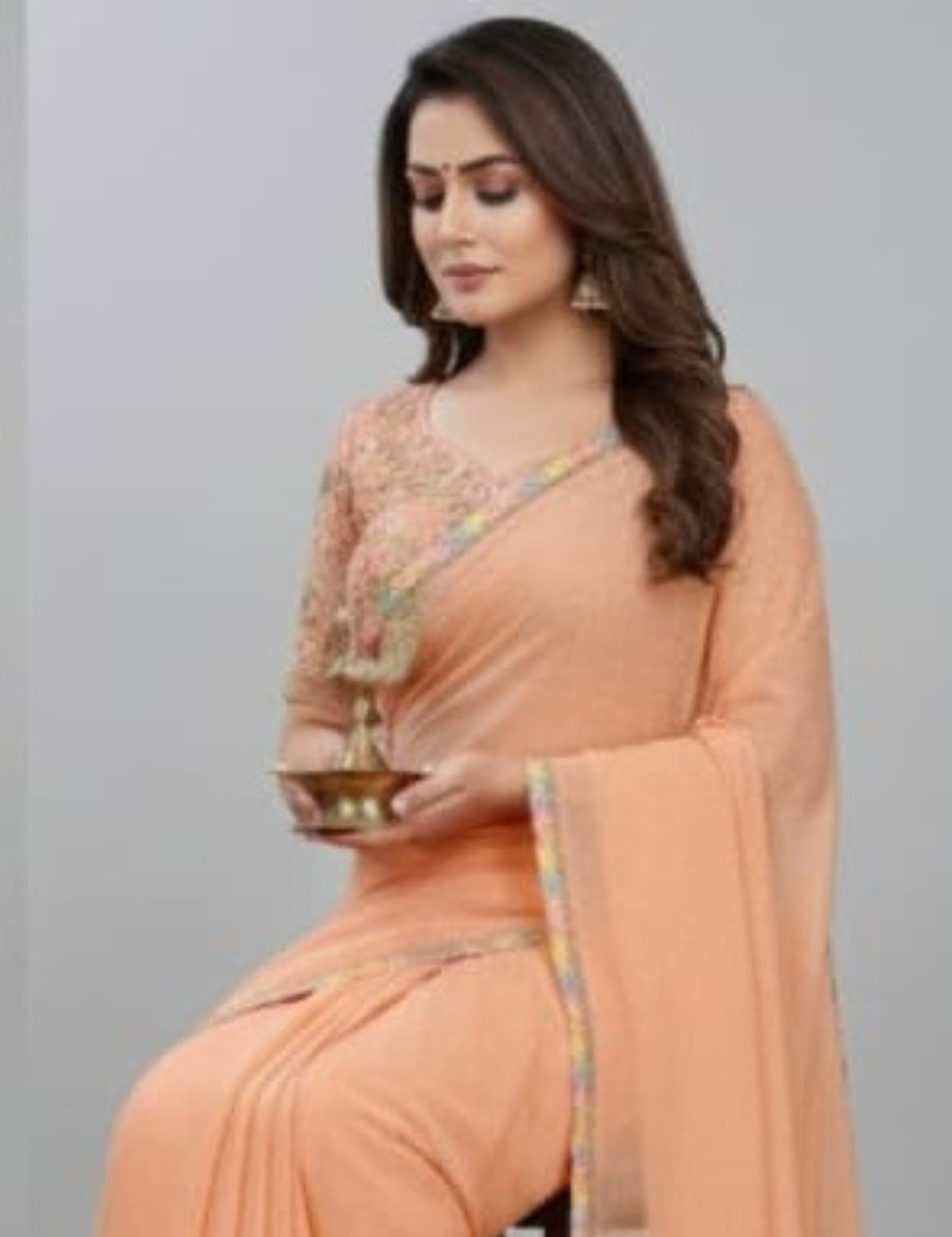 Peach Embroidered Designer Saree with Colorful Border