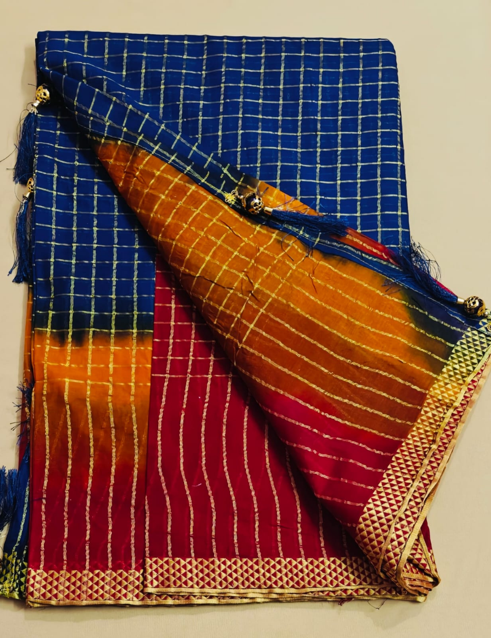 Royal Blue Shaded Checkered Silk Sari