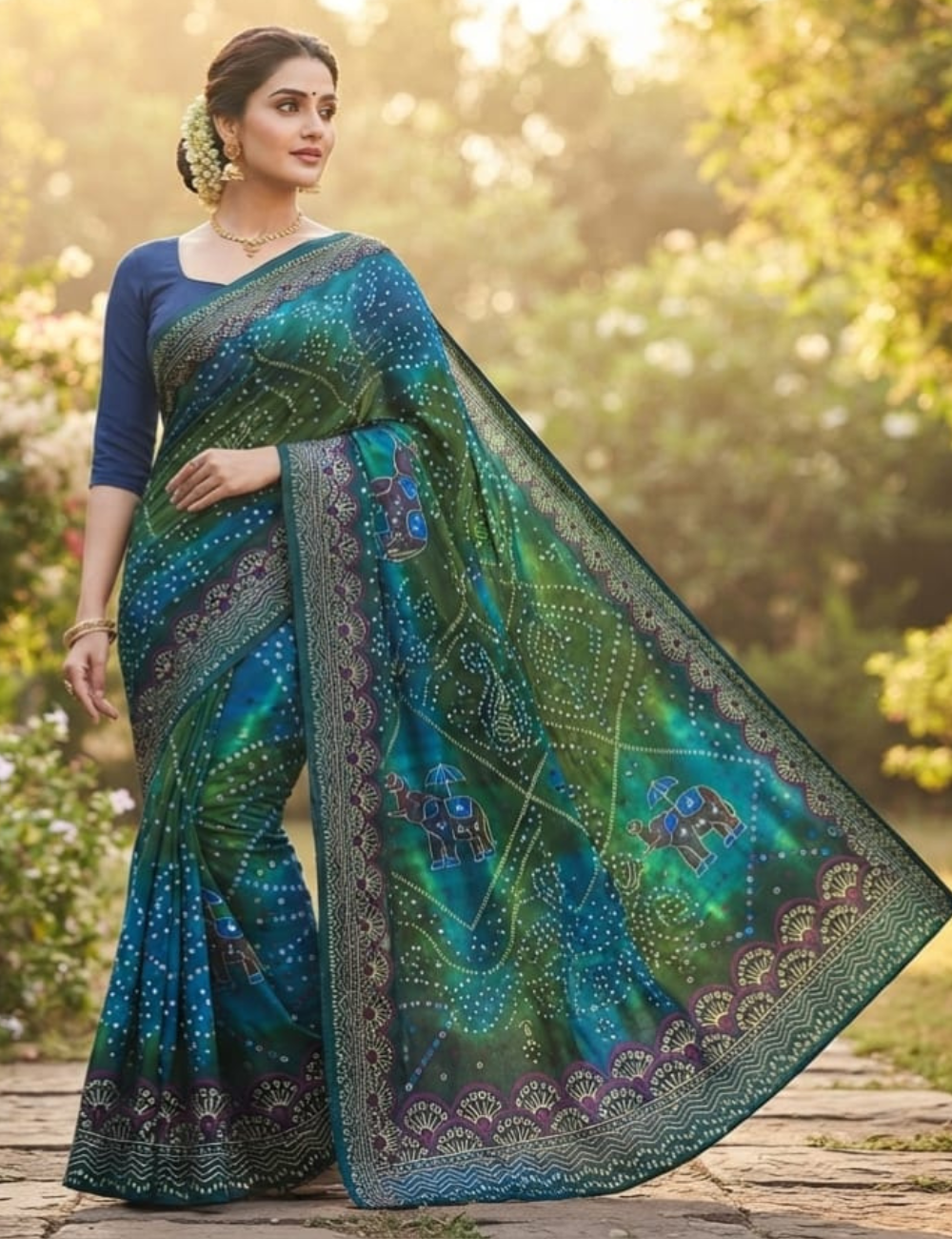 Blue and Green Elephant Bandhani Cotton Saree