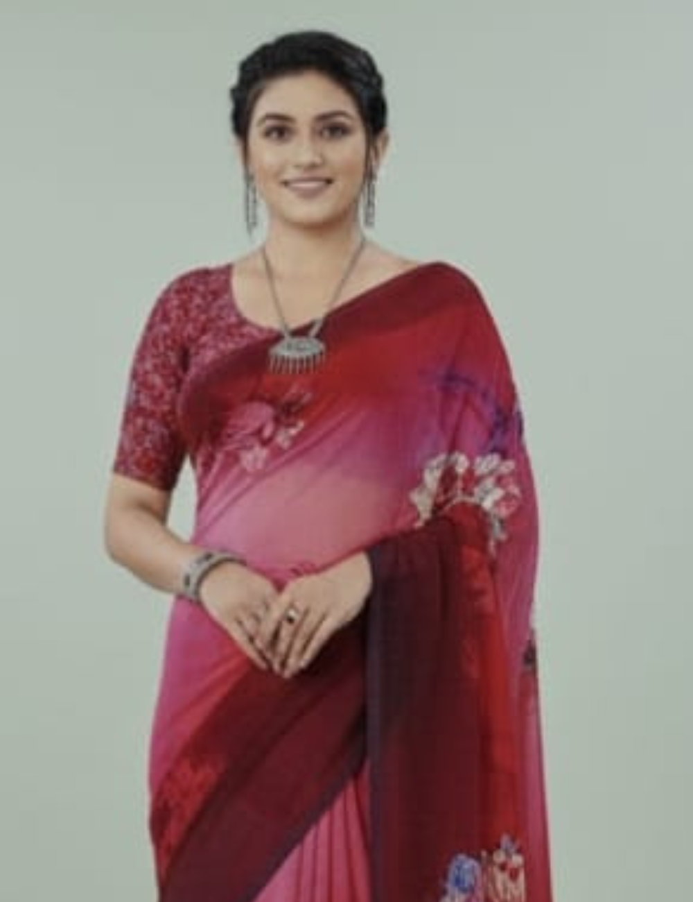 Red and Purple Saree with Large Floral Prints