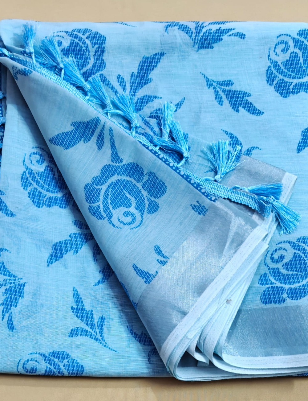 Ice Blue Rose Weave Cotton Saree