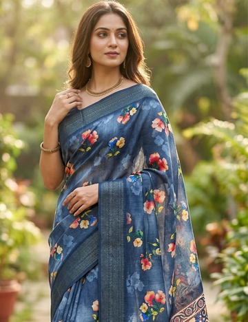Midnight Blue Floral Printed Saree