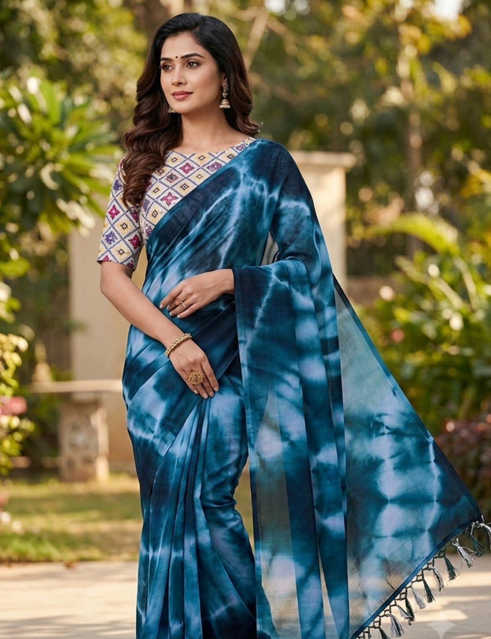 Trendy Tie-Dye Green Saree with Tassel Border