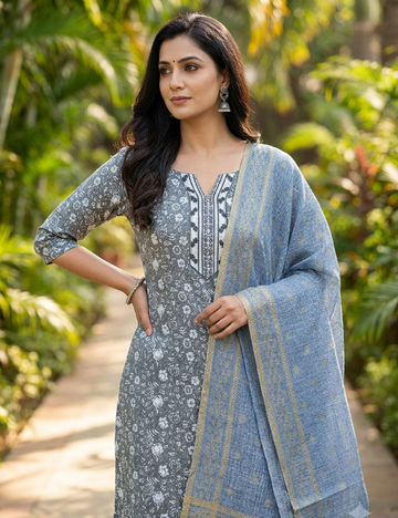 Elegant Grey Printed Kurta Set with Dupatta