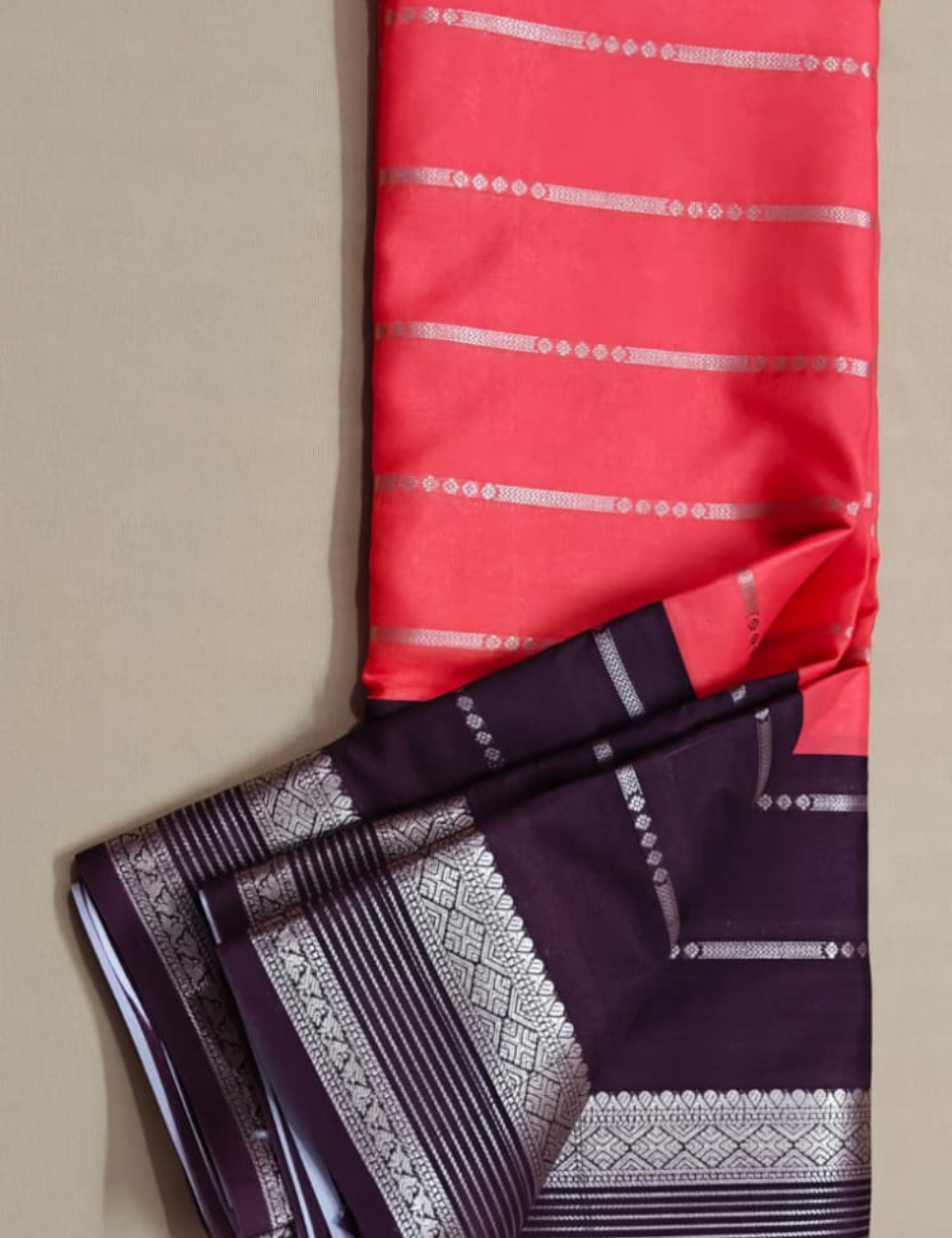 Coral Pink and Deep Purple Dual-Tone Zari Striped Mysore Soft Silk Sari