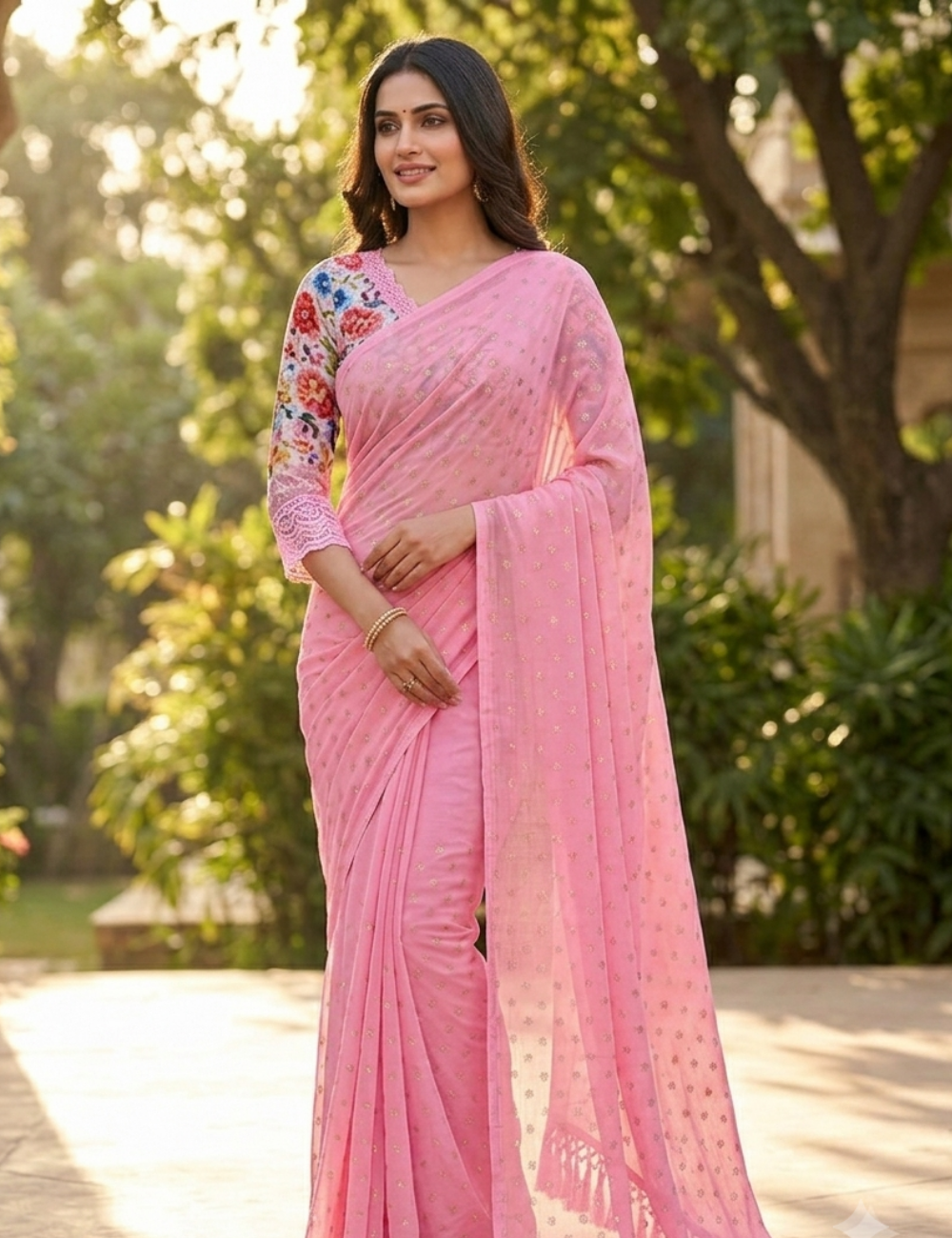 Charming Pink Saree with Floral Designer Blouse