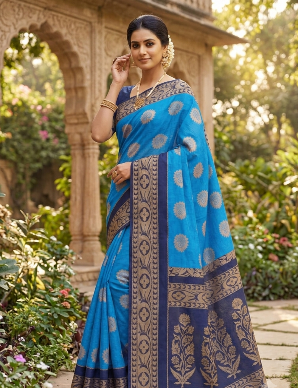 Royal Blue Cotton Saree with Elegant Motifs & Contrast Border