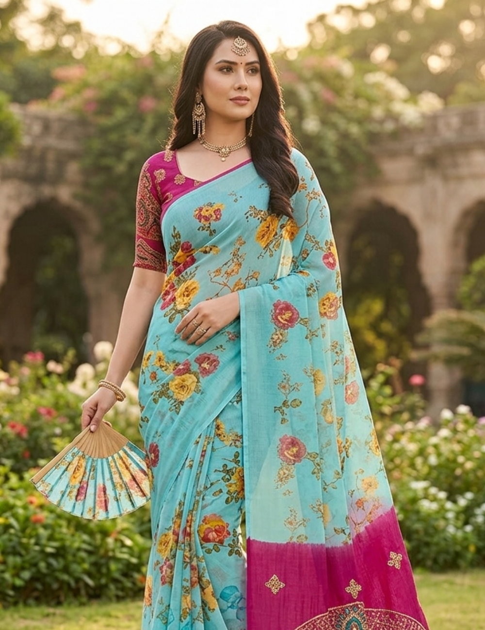 Stylish Light Blue Saree with Magenta Designer Blouse