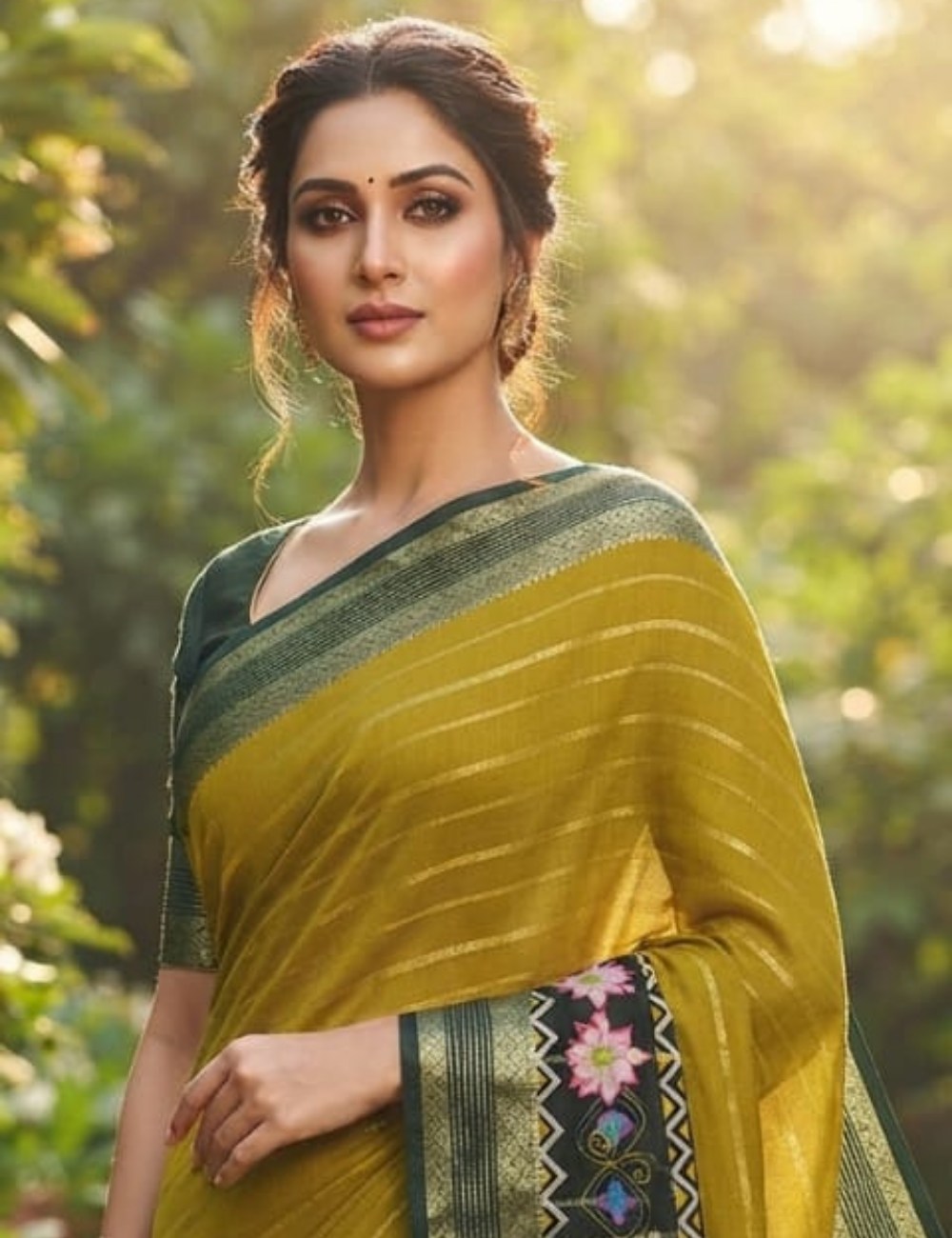 Mustard Yellow and Dark Green Dual-Tone Zari Striped Mysore Silk Sari