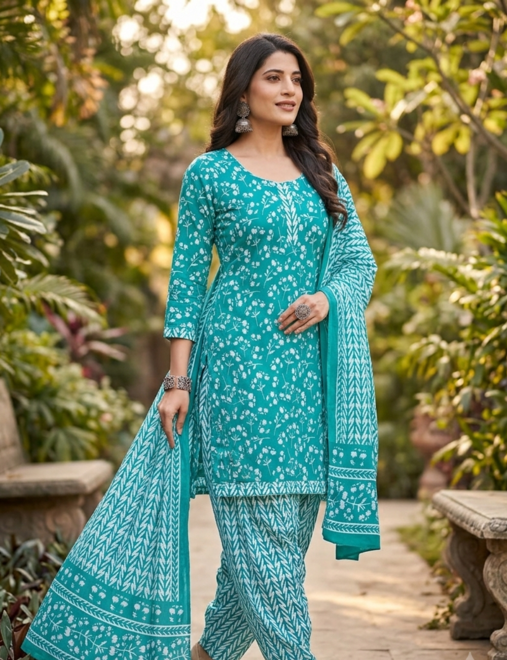 Elegant Teal Floral Printed Kurta Set with Dupatta