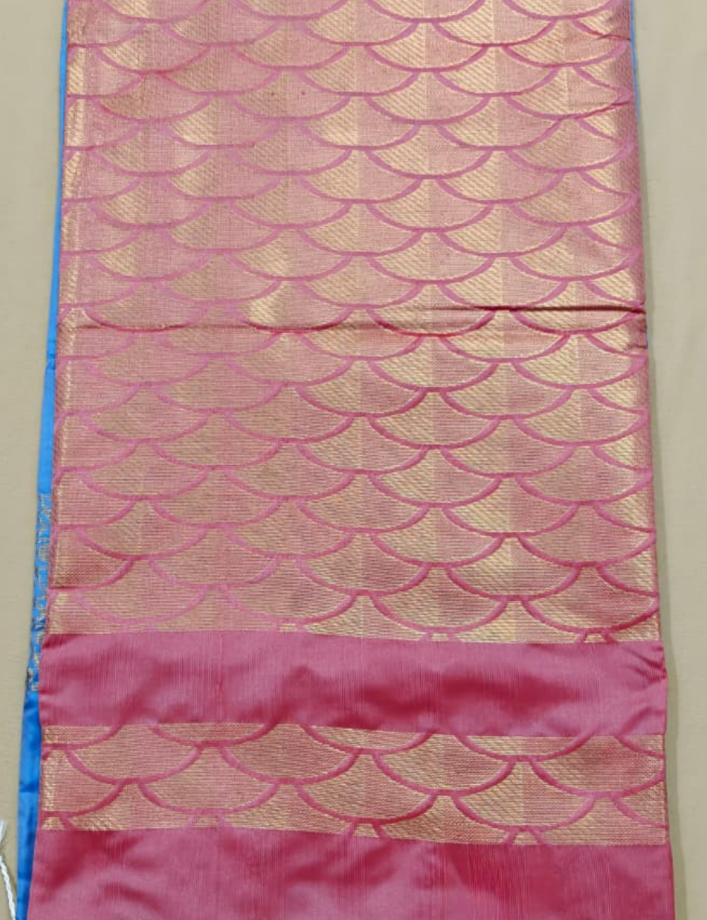 Sky Blue Sari with Pink Contrast Scallop Pallu