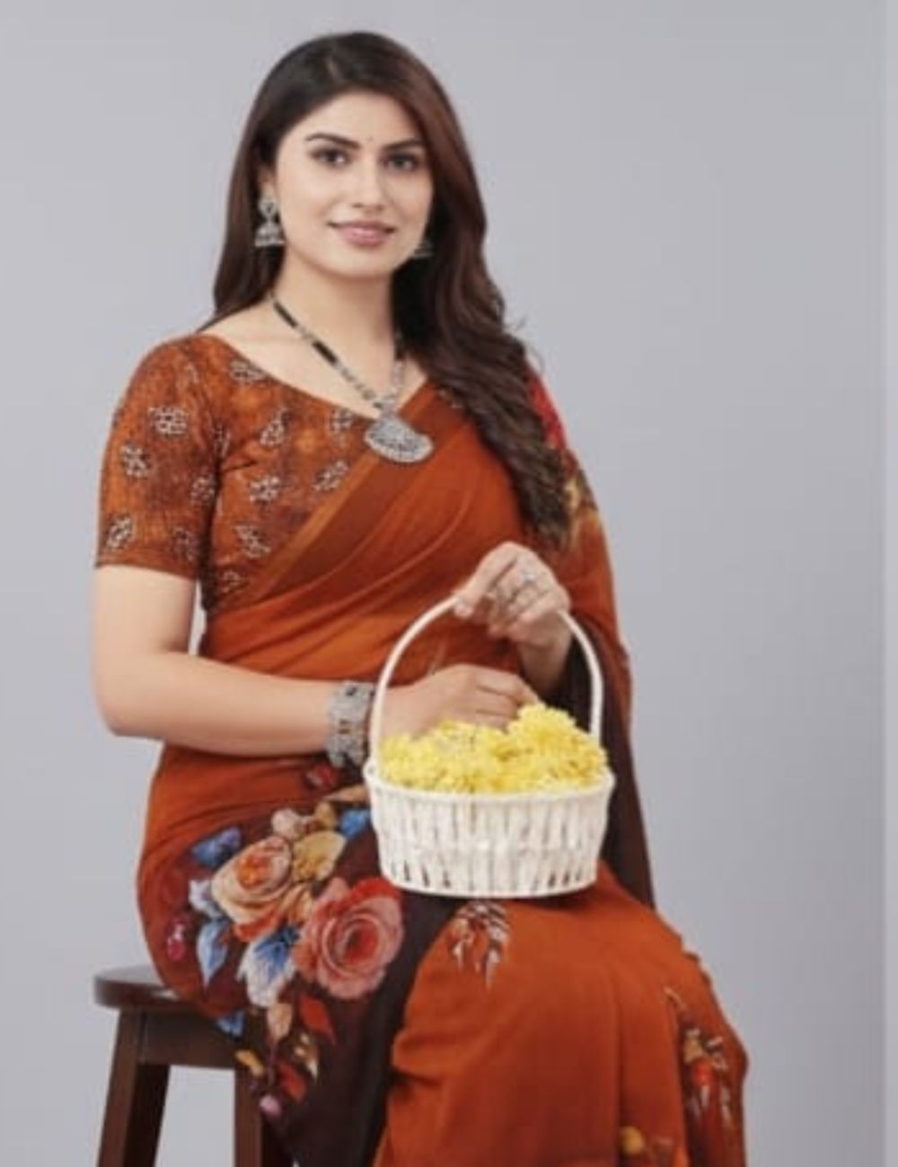 Brown Saree with Vibrant Floral Prints