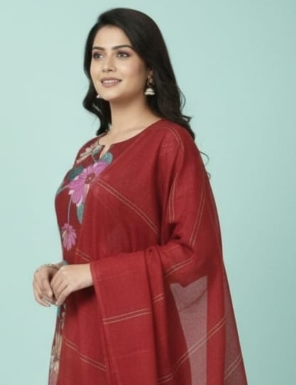 Maroon Floral Printed Kurta Set with Matching Dupatta