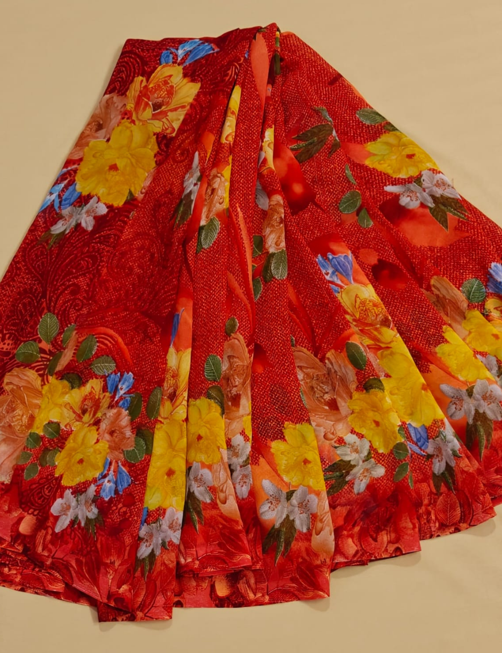 Deep Red base with Vibrant Multicolor Floral Prints Saree