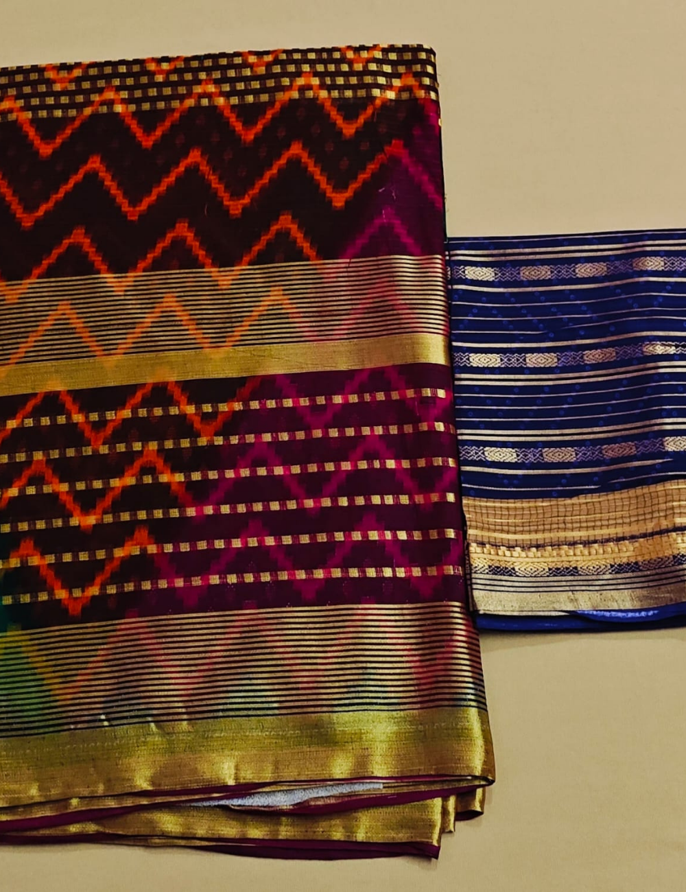 Geometric Zigzag Pattern Silk Sari