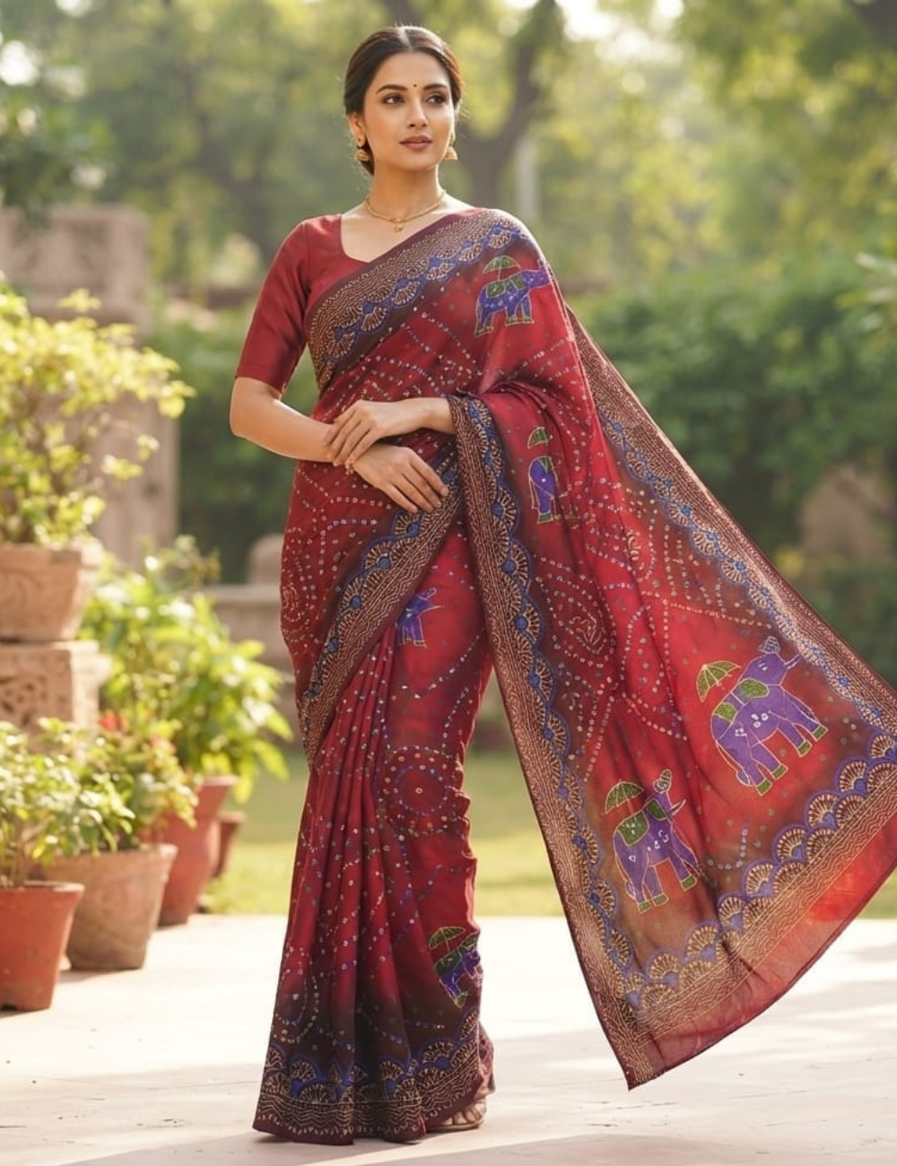 Magenta Elephant Bandhani Cotton Saree