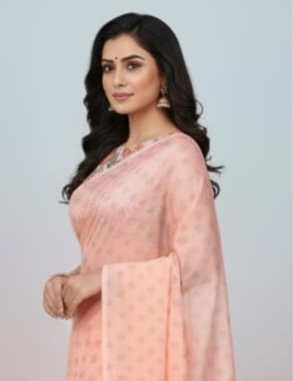 Elegant Peach Saree with Floral Printed Blouse