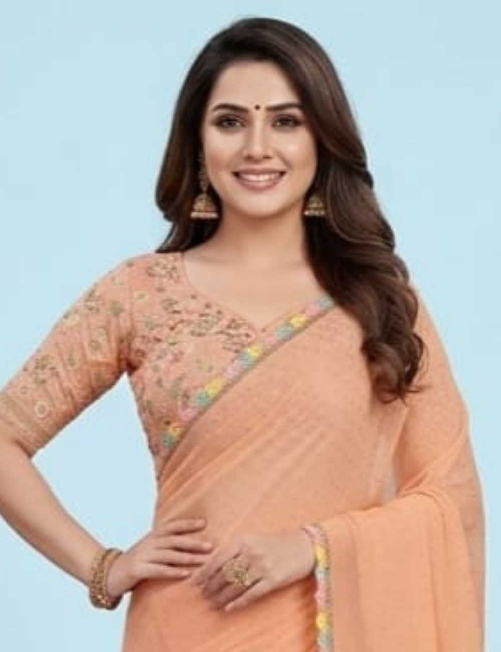 Peach Embroidered Designer Saree with Colorful Border