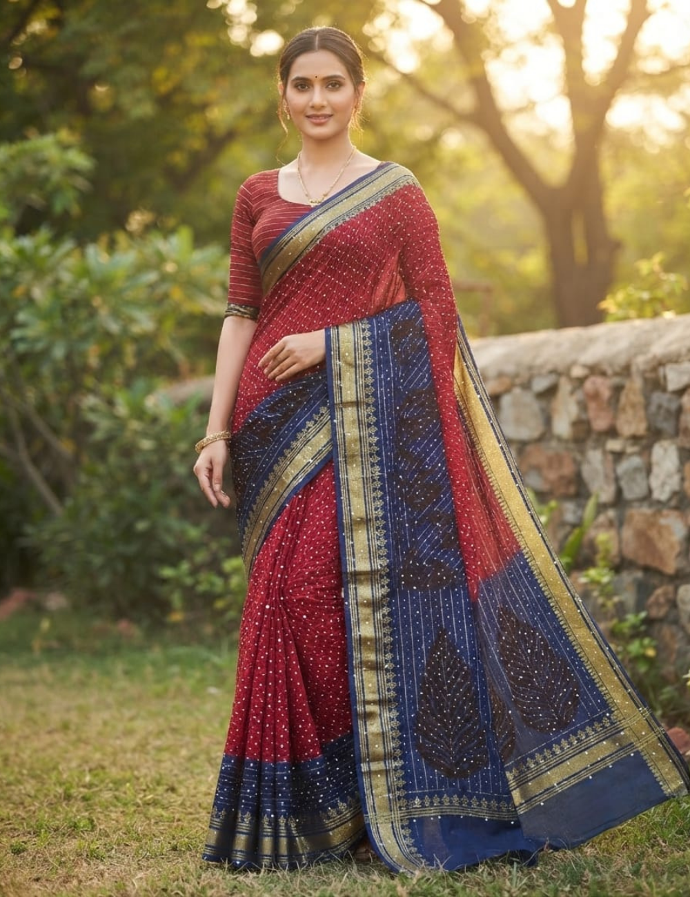 Red and Blue Bandhani Print Cotton Sari