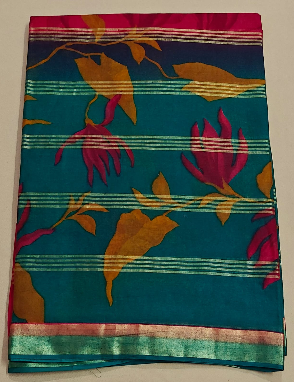 Teal and Pink Cotton Sari with Large Abstract Motifs and Metallic Stripes