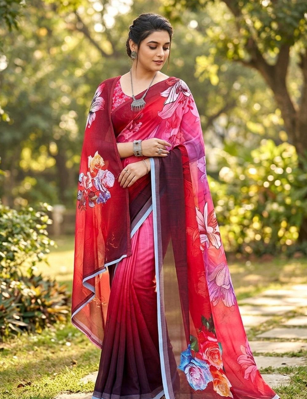Red and Purple Saree with Large Floral Prints