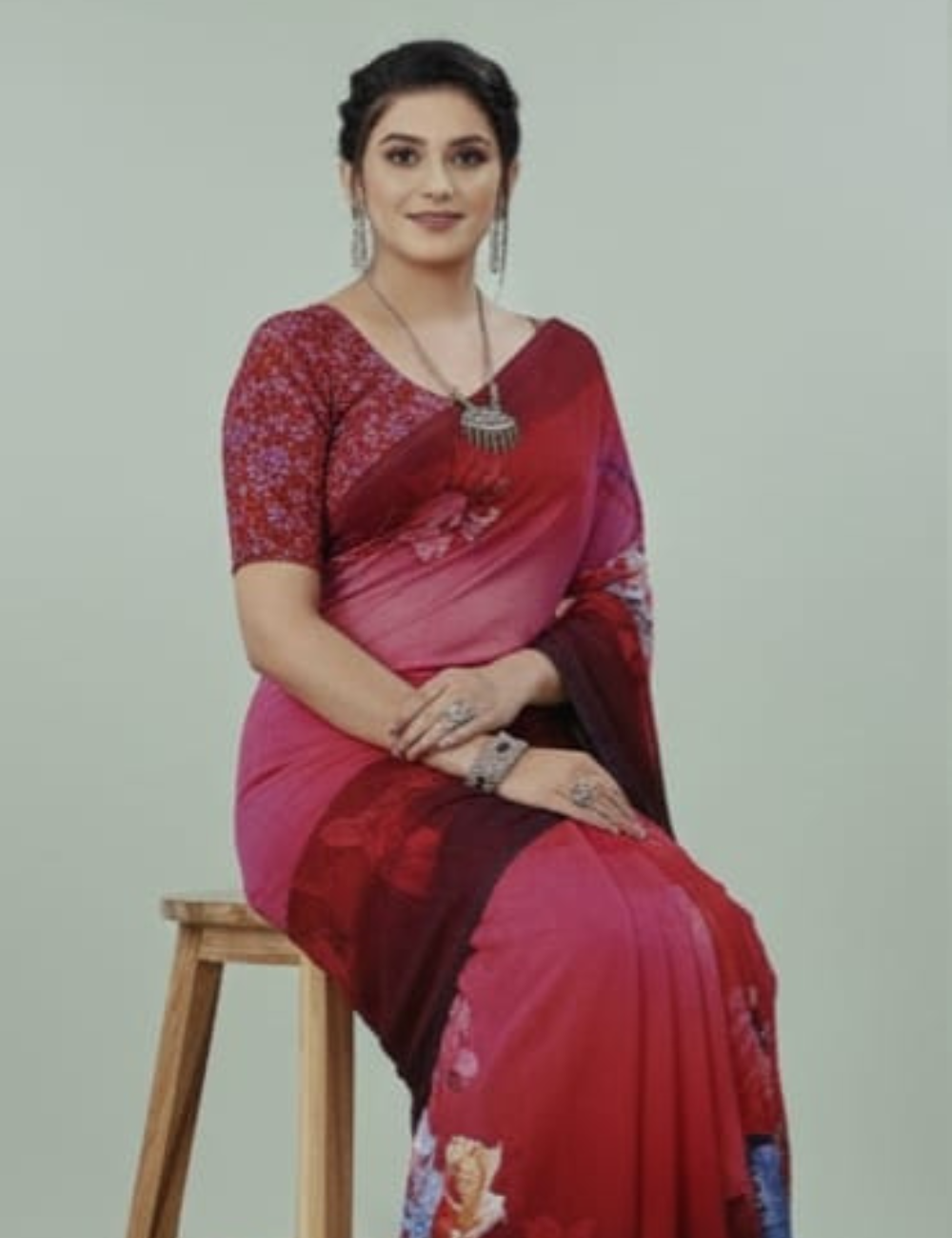 Red and Purple Saree with Large Floral Prints