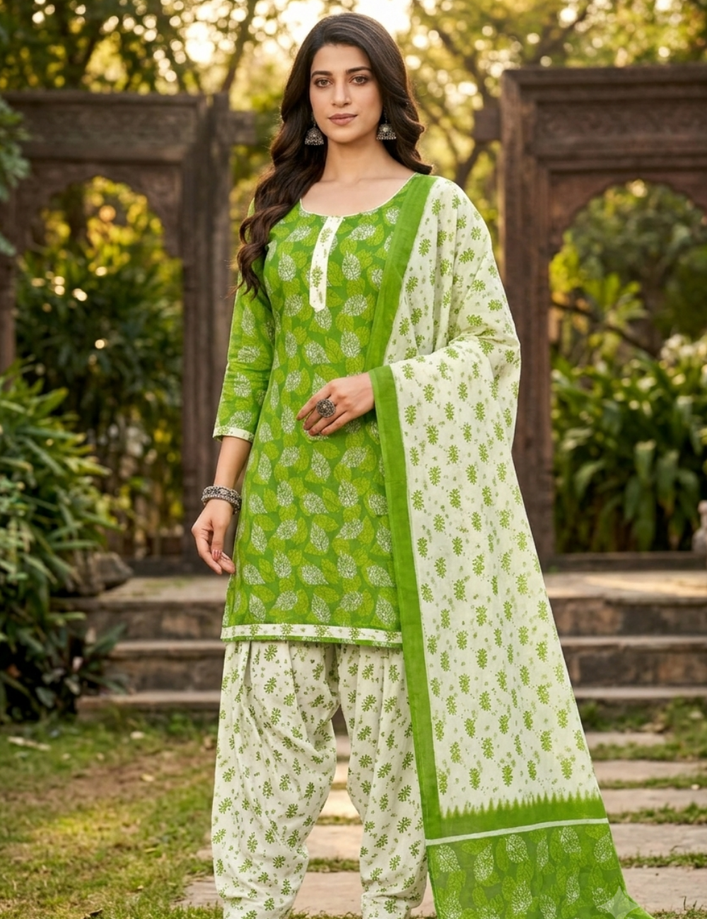 Vibrant Leaf Print Patiala Kurta Set with Dupatta