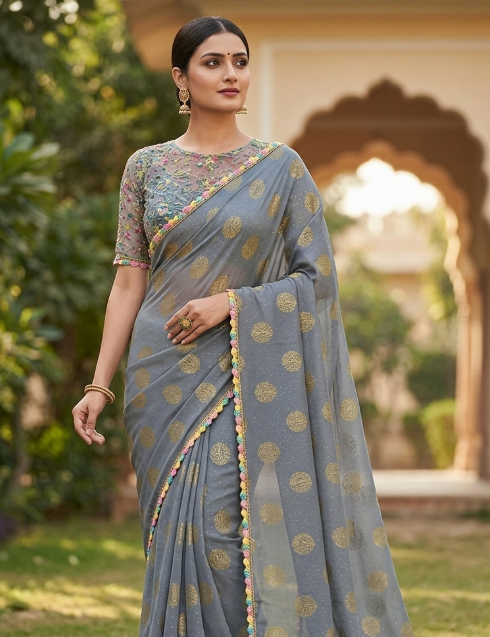 Grey Color Fancy Saree with Elegant Gold Prints & Multicolor Crochet Lace Border