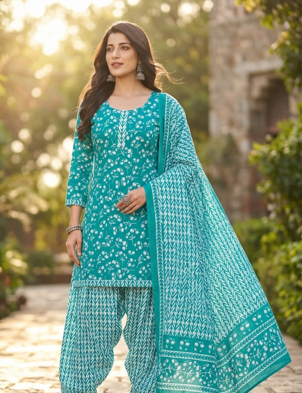 Elegant Teal Floral Printed Kurta Set with Dupatta