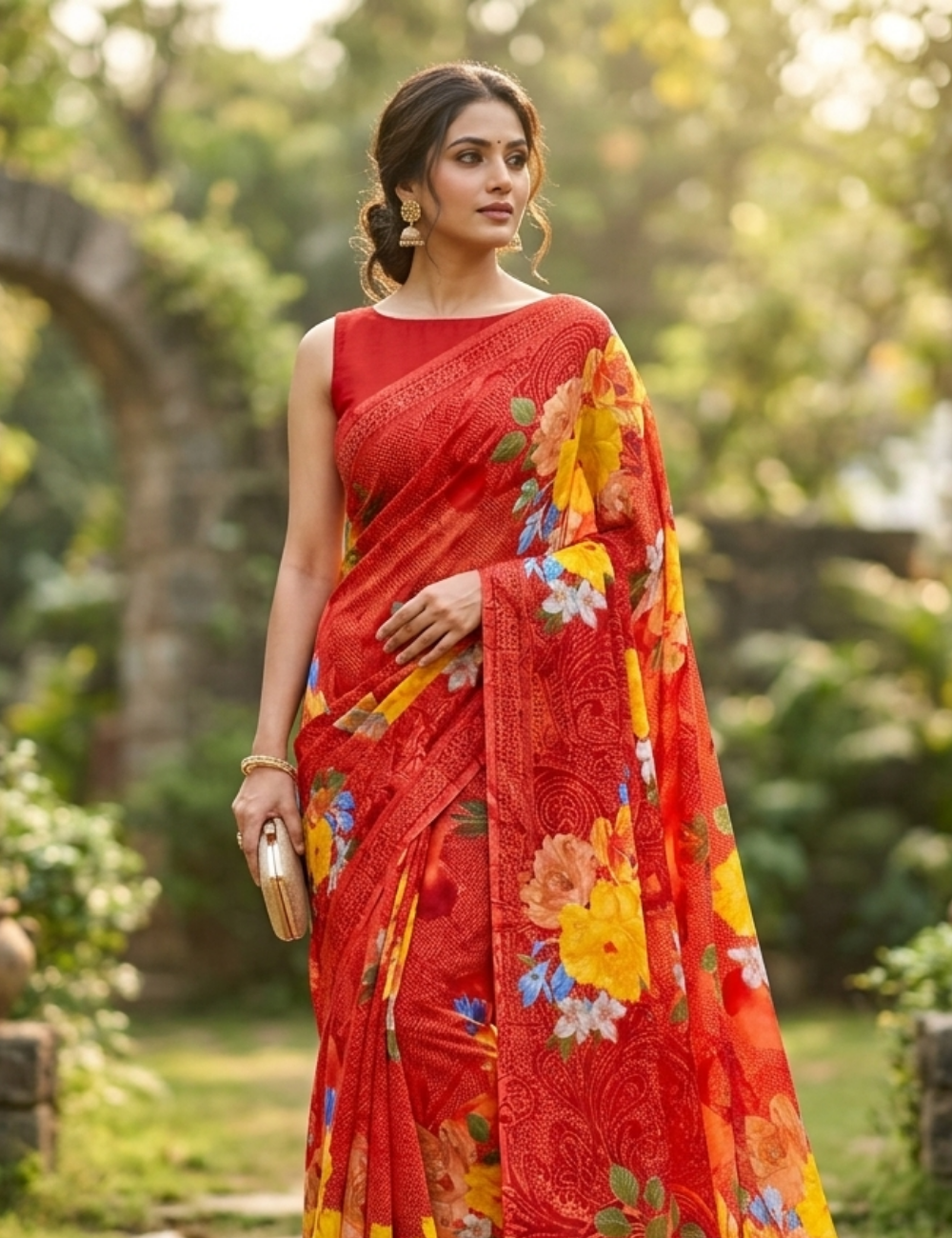 Deep Red base with Vibrant Multicolor Floral Prints Saree