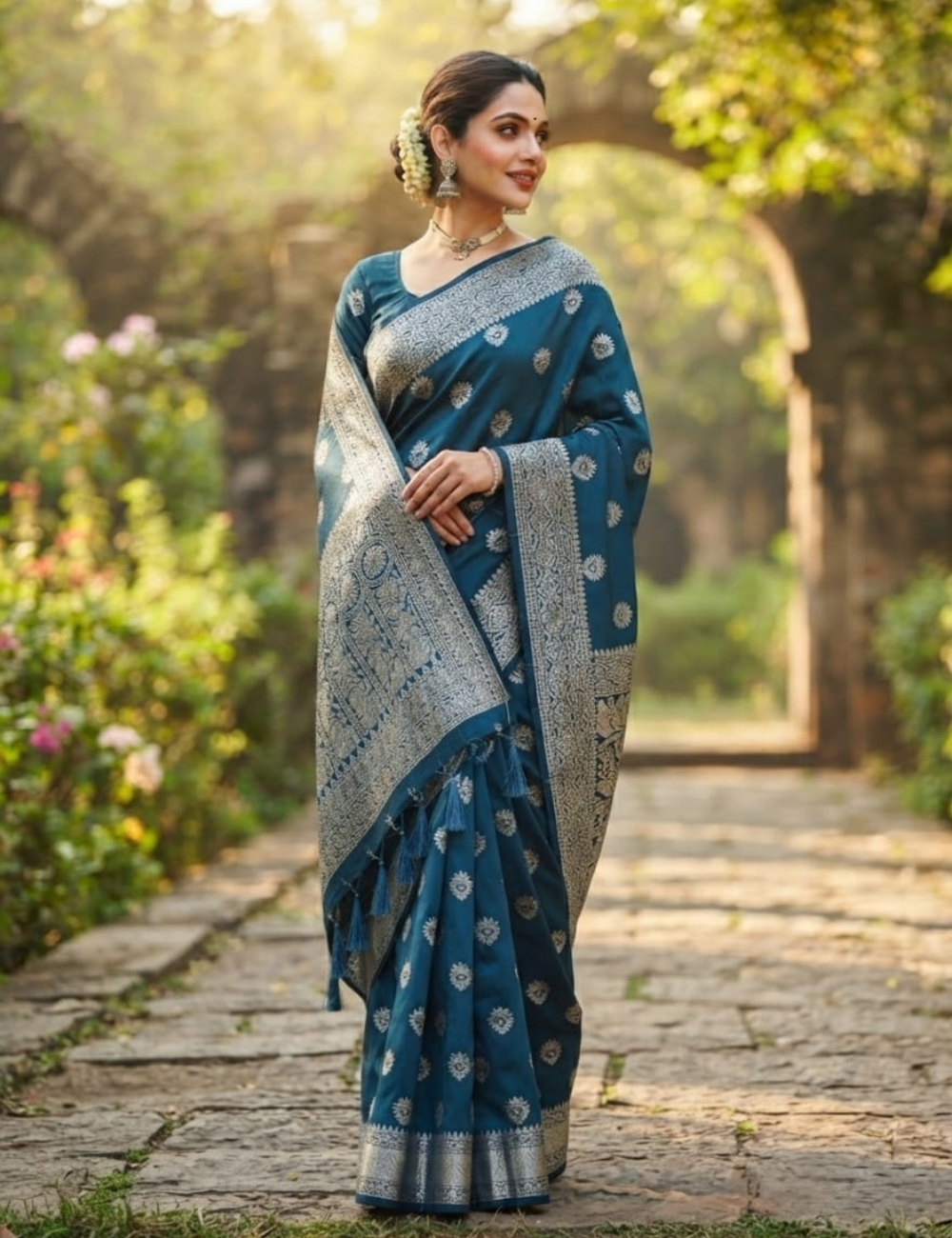 Dark Blue and Golden Zari Woven Sari