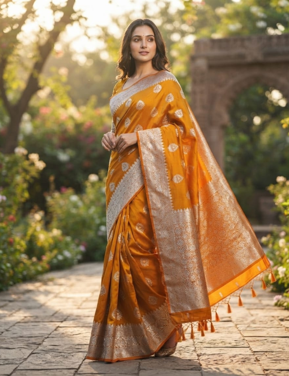 Orange and Golden Zari Woven Sari