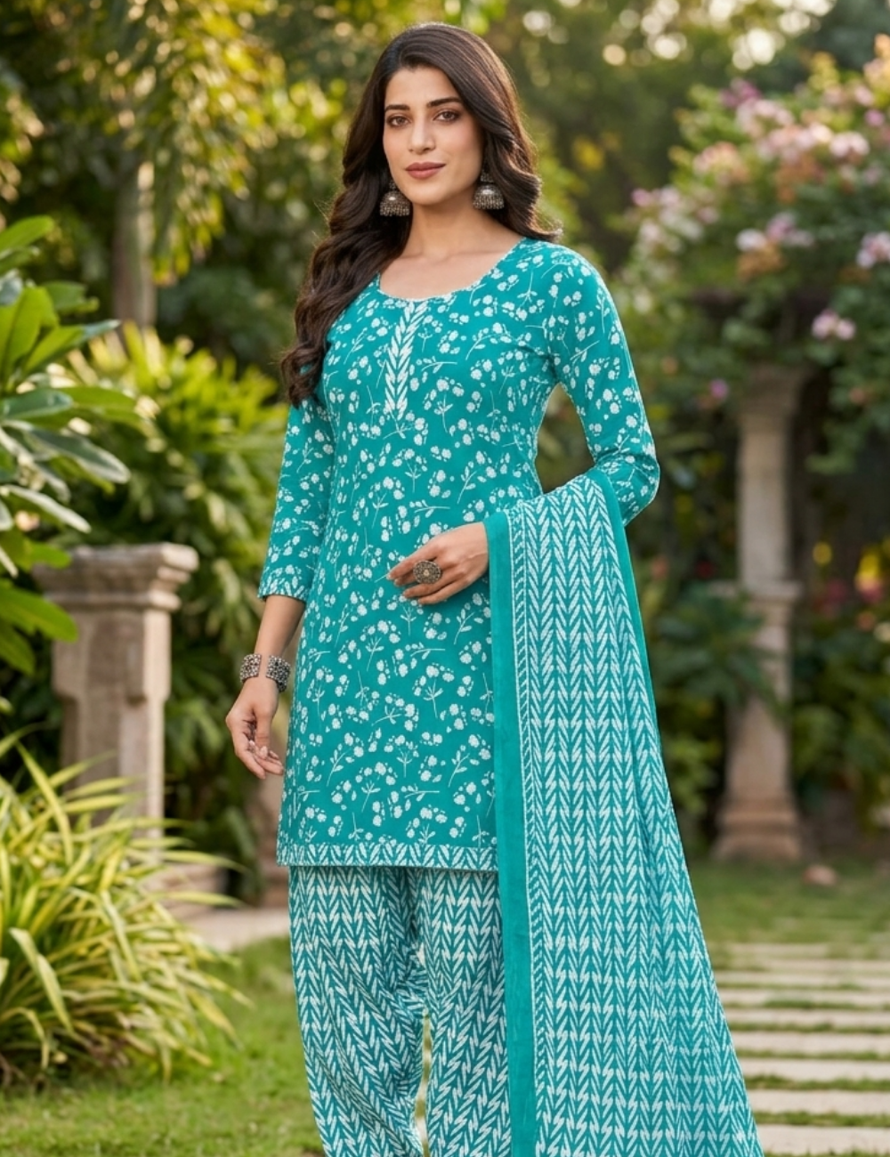 Elegant Teal Floral Printed Kurta Set with Dupatta